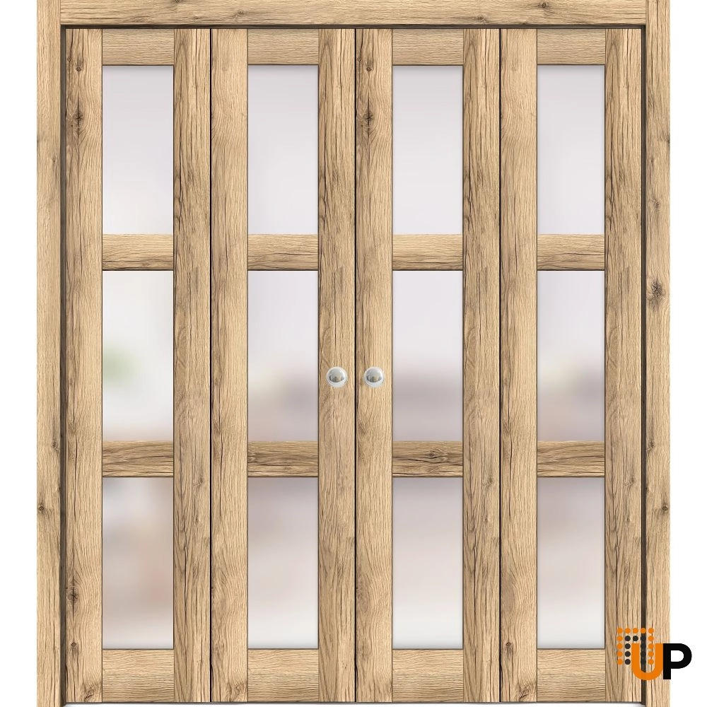 4 folding panels solid core sliding french interior bi-fold double door with frosted glass | Lucia 2552 Oak | 72 x 80 (4* 18x80) photo#1