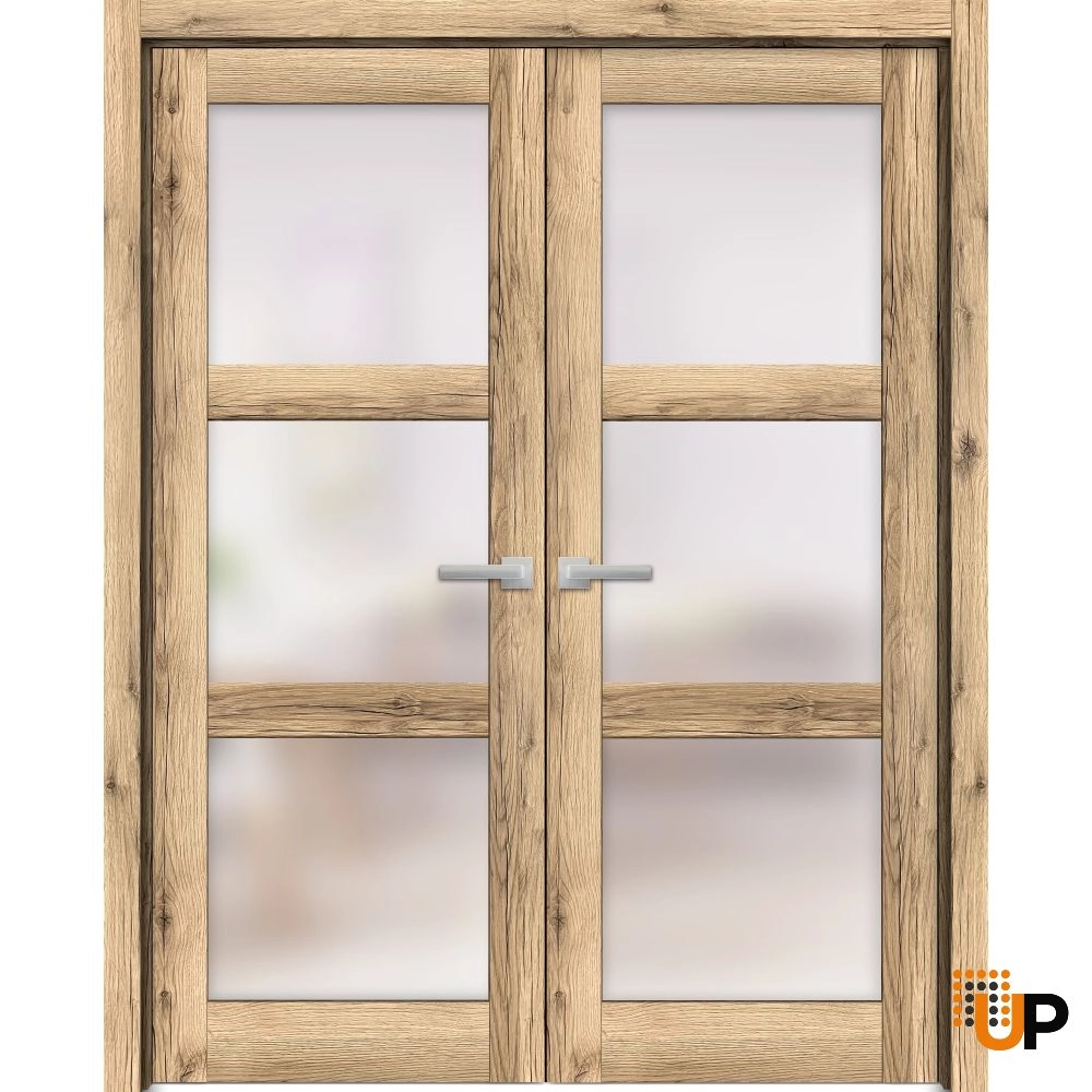 Double solid core french interior swing double door with frosted glass | Lucia 2552 Oak | 36 x 80 (2* 18x80) photo#1