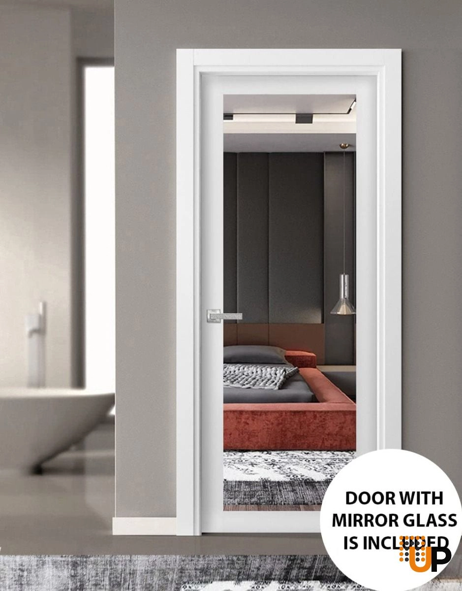 Single solid core luxury interior door slab with mirror glass | Lucia 1299 White | 18 x 80 photo#2