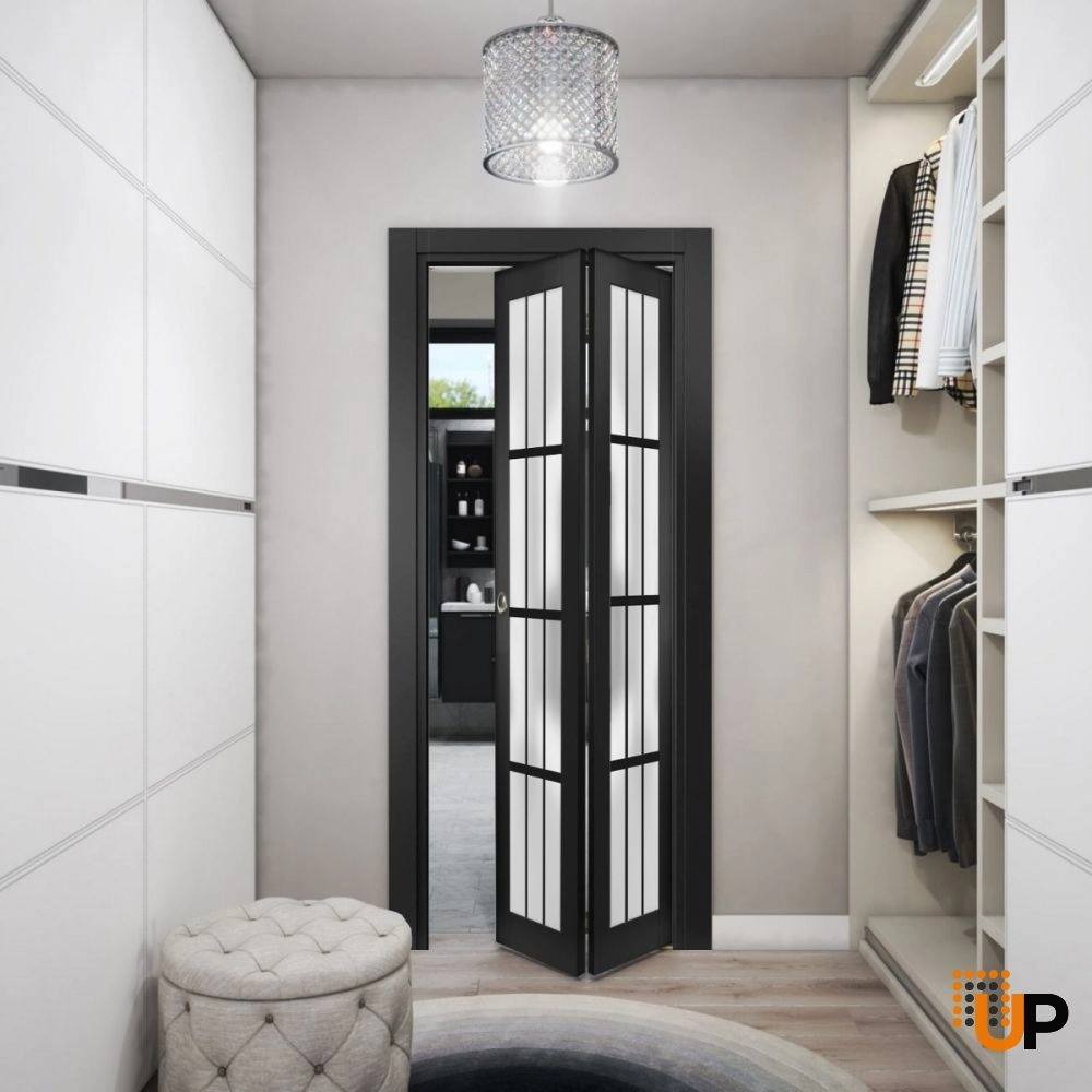 2 folding panels solid core sliding french interior bi-fold door with frosted glass | Felicia 3312 Black Matte | 36 x 80 (2* 18x80) photo#2