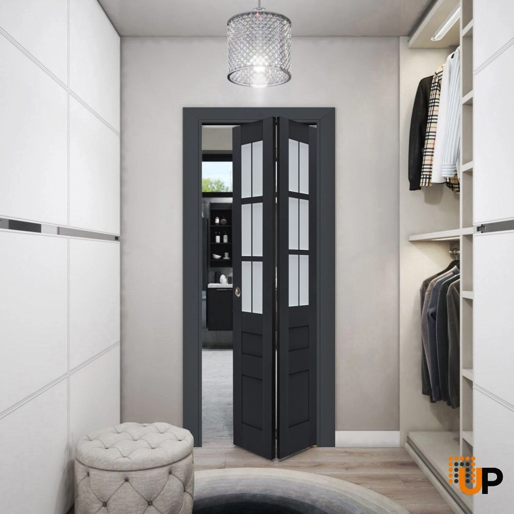 2 folding panels laminate sliding french interior bi-fold door with frosted glass | Veregio 7339 Antracite | 36 x 80 (2* 18x80) photo#2