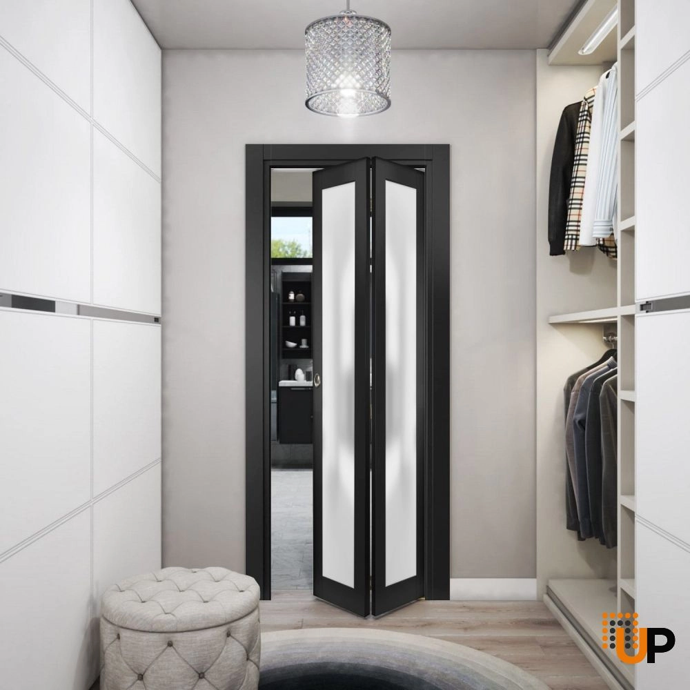 2 folding panels solid core sliding french interior bi-fold door with frosted glass | Planum 2102 Black Matte | 36 x 80 (2* 18x80) photo#2