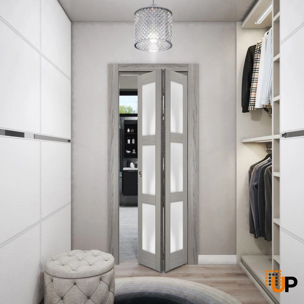 2 folding panels solid core sliding french interior bi-fold door with frosted glass | Lucia 2552 Ginger Ash | 36 x 80 (2* 18x80) photo#2