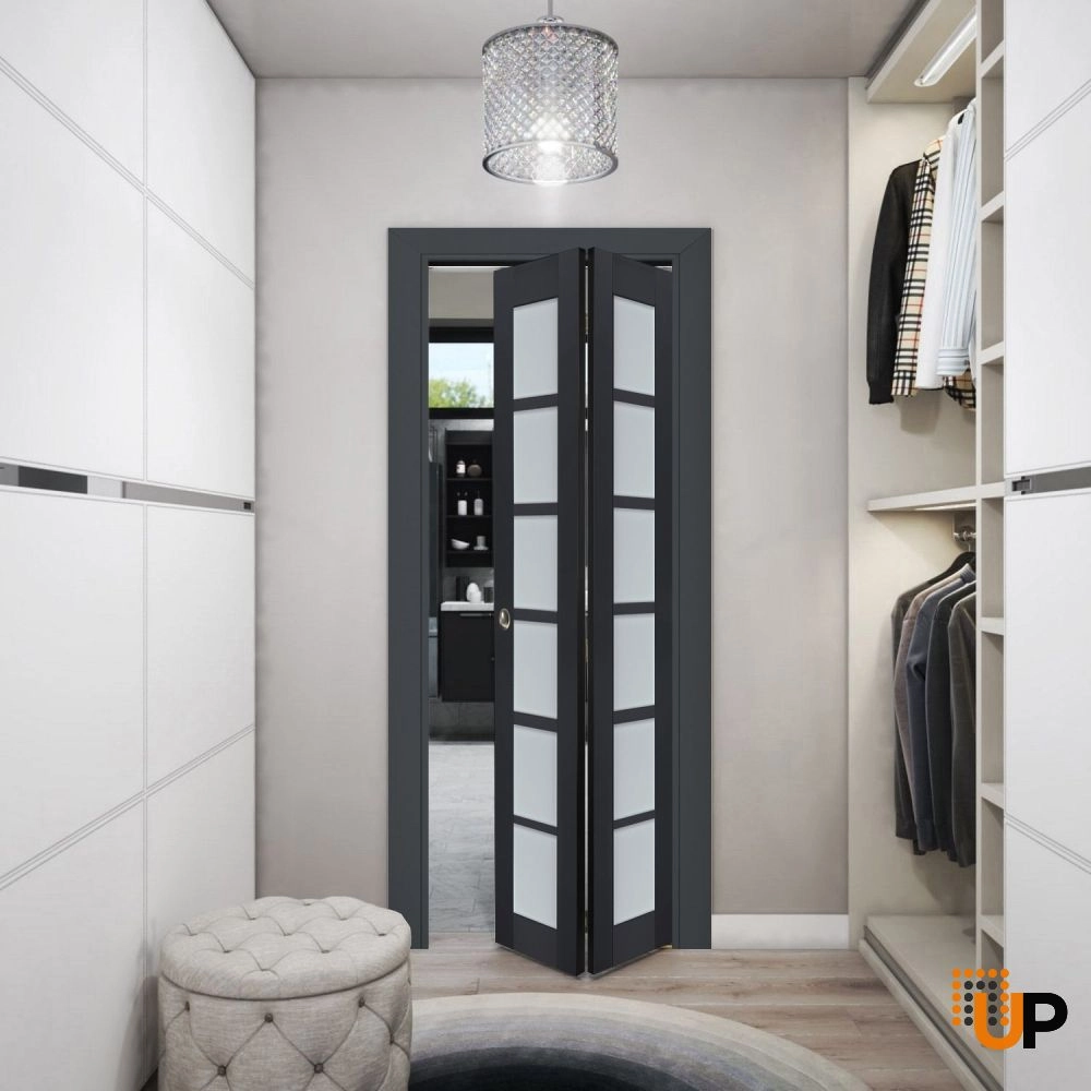 2 folding panels laminate sliding french interior bi-fold door with frosted glass | Veregio 7602 Antracite | 36 x 80 (2* 18x80) photo#2