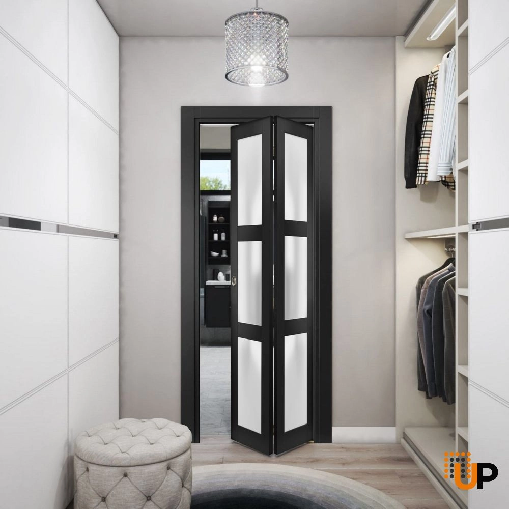 2 folding panels solid core sliding french interior bi-fold door with frosted glass | Lucia 2552 Black Matte | 36 x 80 (2* 18x80) photo#2