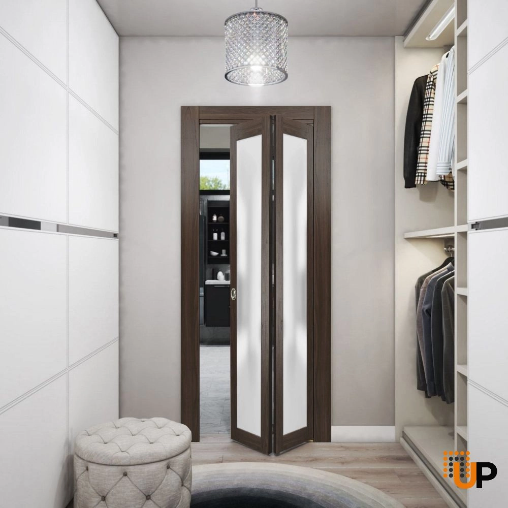 2 folding panels solid core sliding french interior bi-fold door with frosted glass | Planum 2102 Chocolate Ash | 36 x 80 (2* 18x80) photo#2