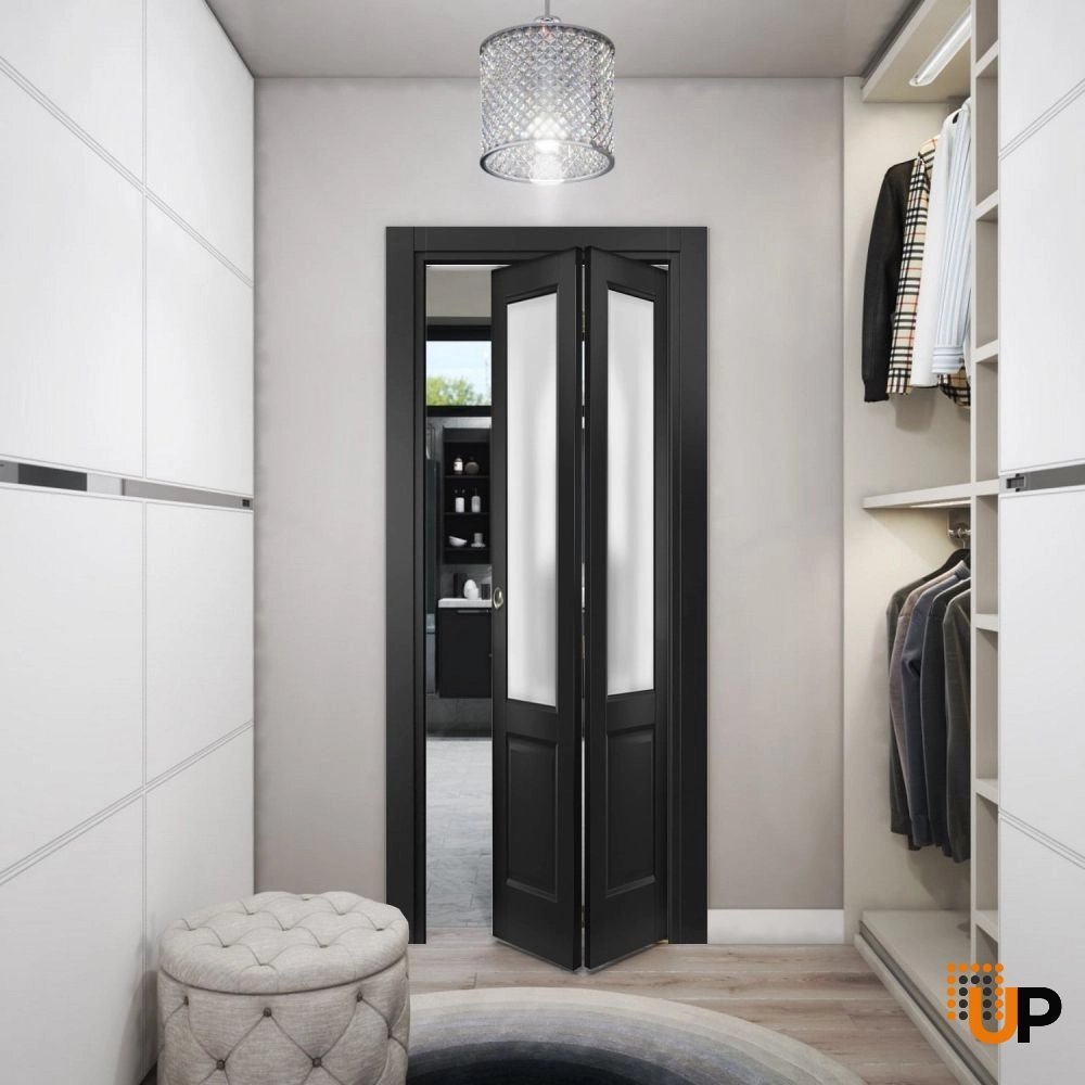 2 folding panels solid core sliding french interior bi-fold door with frosted glass | Lucia 22 Black Matte | 36 x 80 (2* 18x80) photo#2