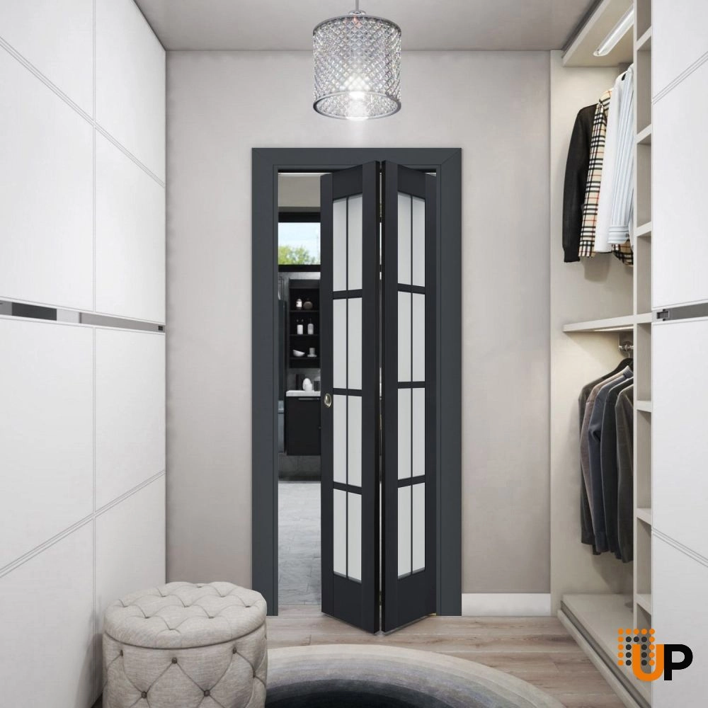 2 folding panels laminate sliding french interior bi-fold door with frosted glass | Veregio 7412 Antracite | 36 x 80 (2* 18x80) photo#2