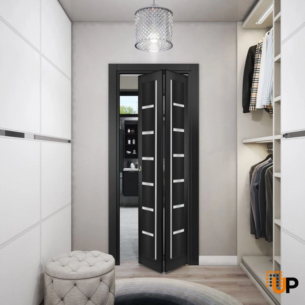 2 folding panels mdf sliding modern interior bi-fold door with frosted glass | Quadro 4088  Black Matte | 36 x 80 (2* 18x80) photo#2
