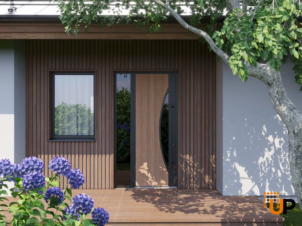Single swing metal-aluminum modern exterior door with triplex | Ronex 1077 Teak | 48 x 96 photo#3