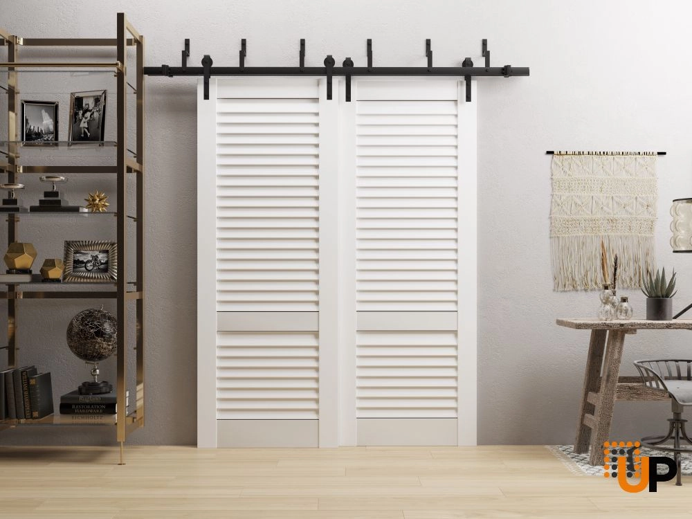 Double solid core sliding louvered interior barn bypass door | LOUVER 3388 White Silk | 36 x 80 (2* 18x80) photo#2
