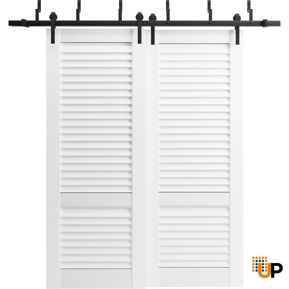 Double solid core sliding louvered interior barn bypass door | LOUVER 3388 White Silk | 36 x 80 (2* 18x80) photo#1