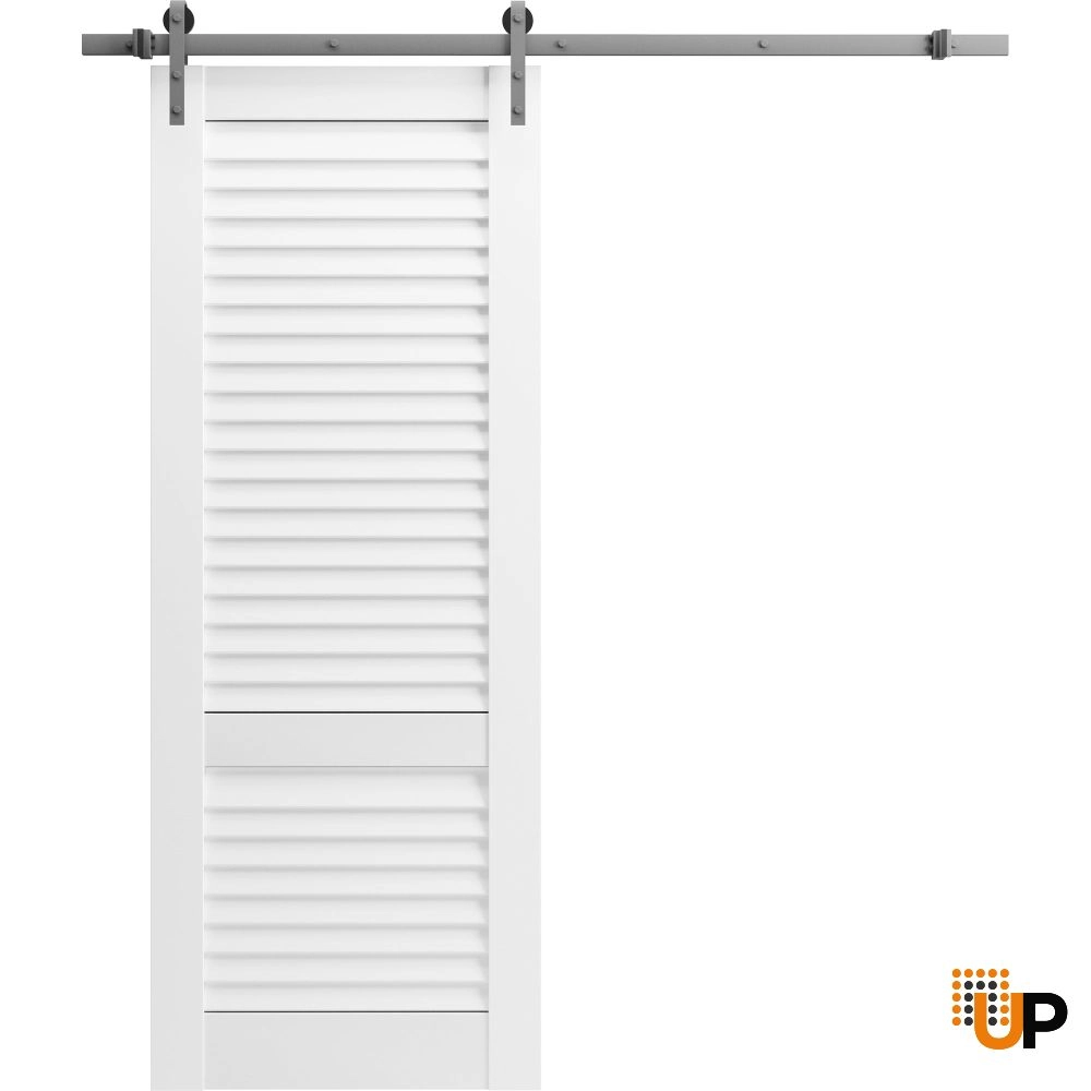Single solid core sliding louvered interior barn door | LOUVER 3388 White Silk | 18 x 80 photo#1