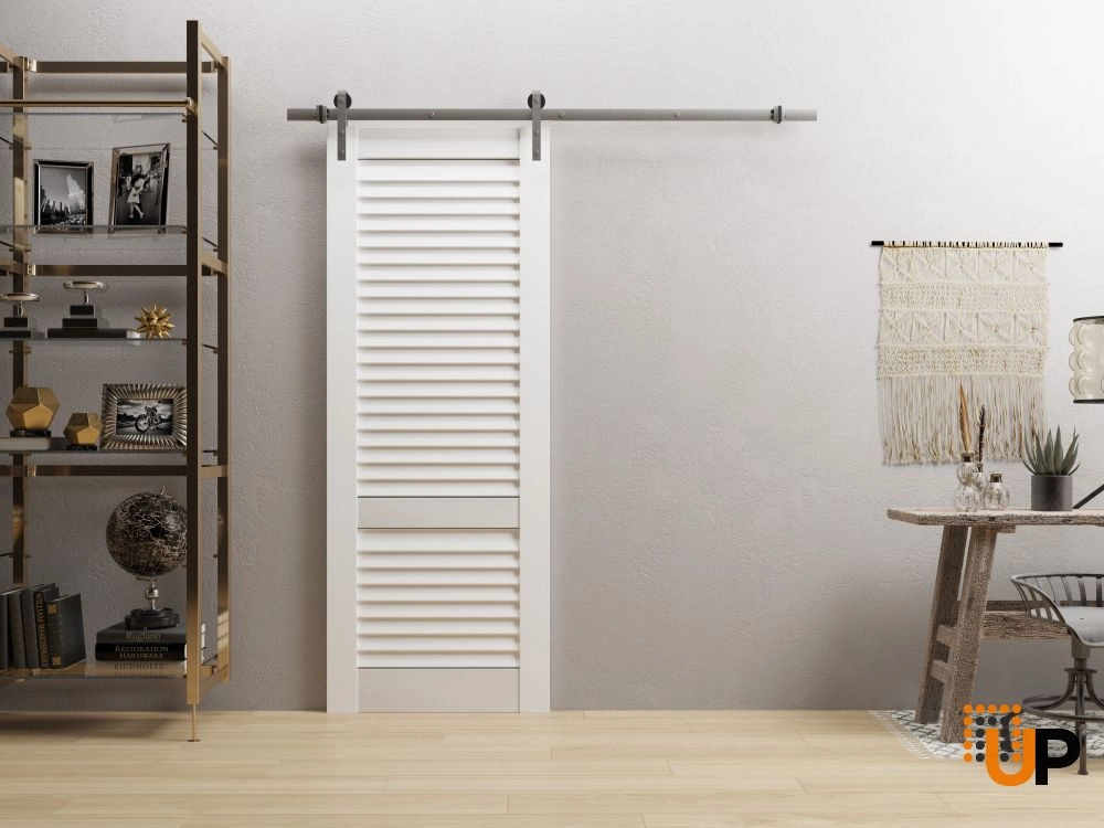 Single solid core sliding louvered interior barn door | LOUVER 3388 White Silk | 18 x 80 photo#2
