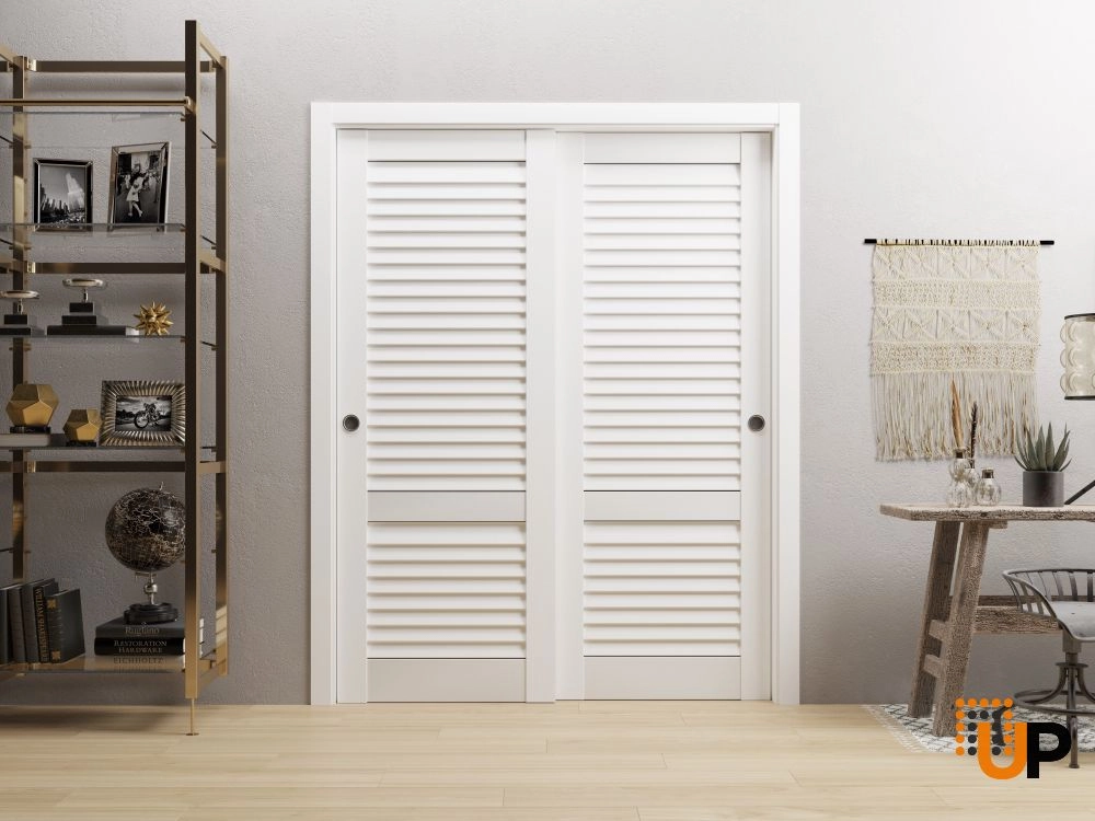 Double solid core sliding louvered interior closet bypass door | LOUVER 3388 Primed | 36 x 80 (2* 18x80) photo#2