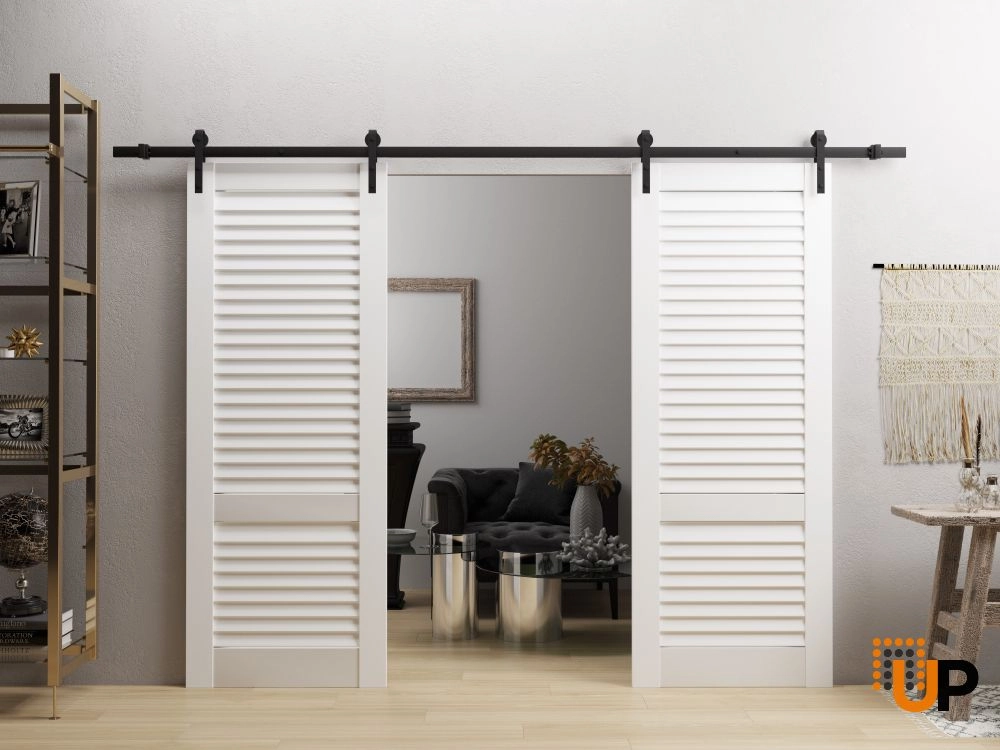 Double solid core sliding louvered interior barn double door | LOUVER 3388 White Silk | 36 x 80 (2* 18x80) photo#2
