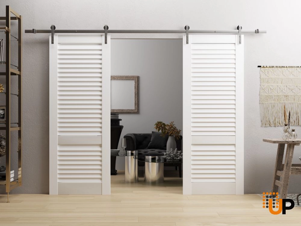 Double solid core sliding louvered interior barn double door | LOUVER 3388 White Silk | 36 x 80 (2* 18x80) photo#2