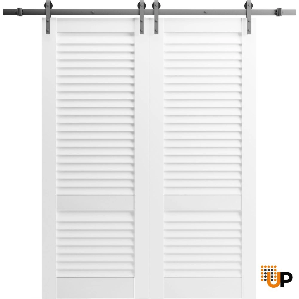 Double solid core sliding louvered interior barn double door | LOUVER 3388 White Silk | 36 x 80 (2* 18x80) photo#1