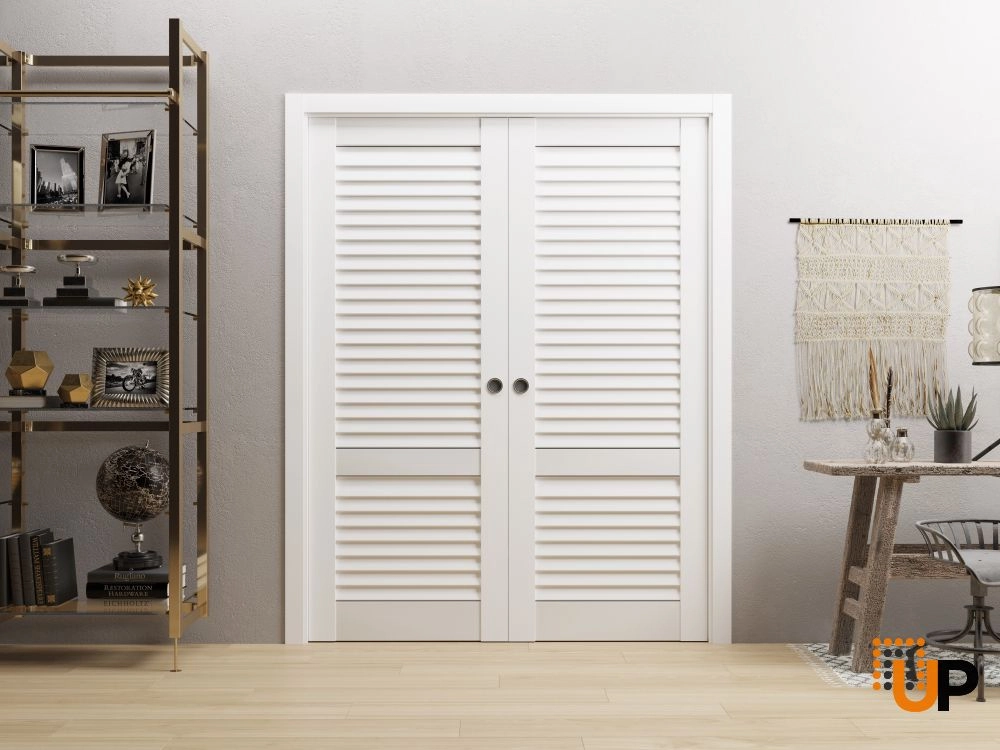 Double solid core sliding louvered interior pocket double door | LOUVER 3388 White Silk | 36 x 80 (2* 18x80) photo#2