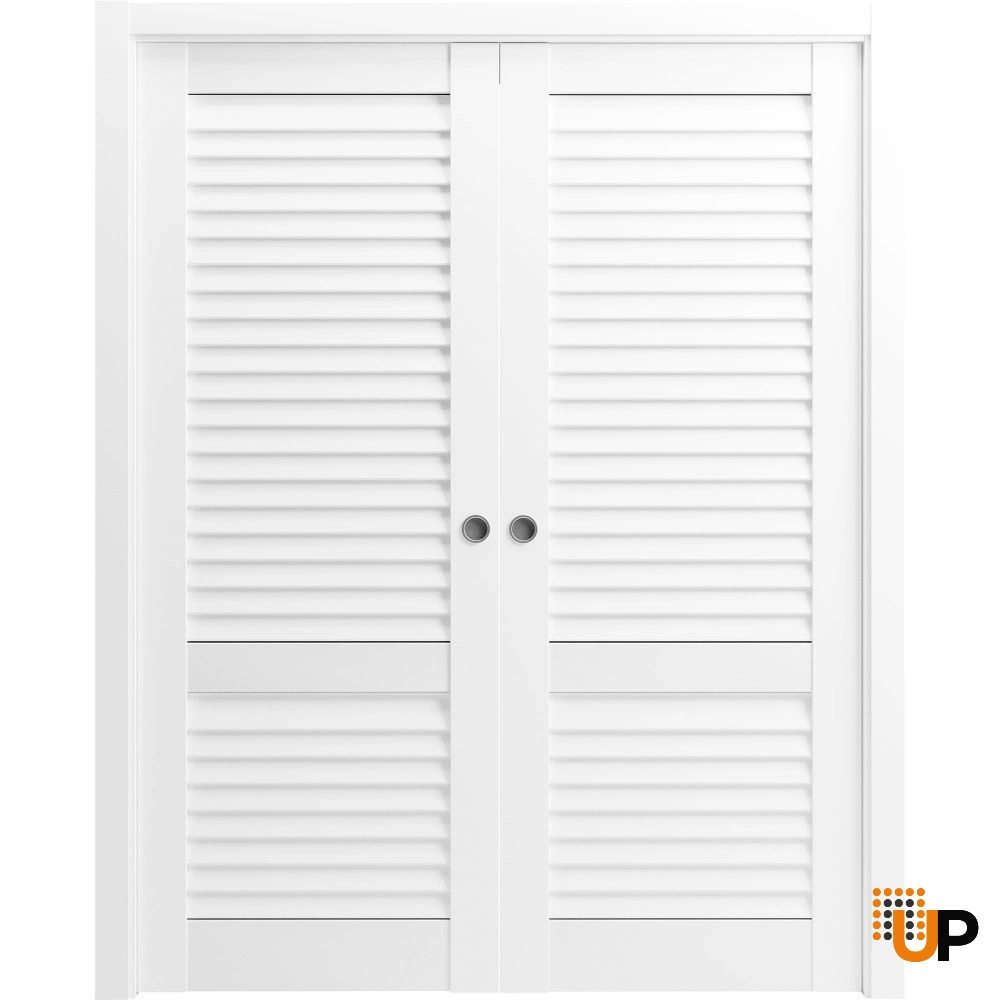 Double solid core sliding louvered interior pocket double door | LOUVER 3388 White Silk | 36 x 80 (2* 18x80) photo#1