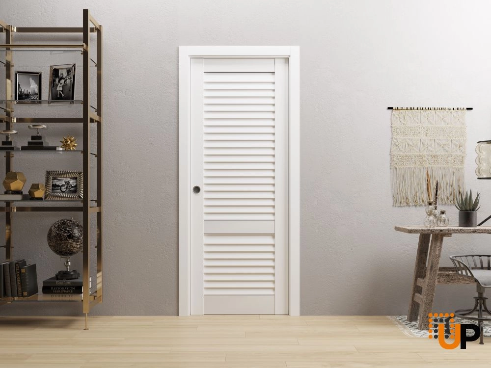 Single solid core sliding louvered interior pocket door | LOUVER 3388 White Silk | 18 x 80 photo#2