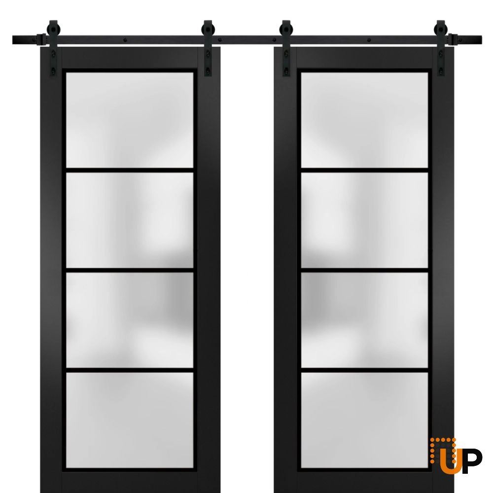 Double solid core sliding french interior barn double door with frosted glass | Planum 2132 Black Matte | 56 x 80 (2* 28x80) photo#1