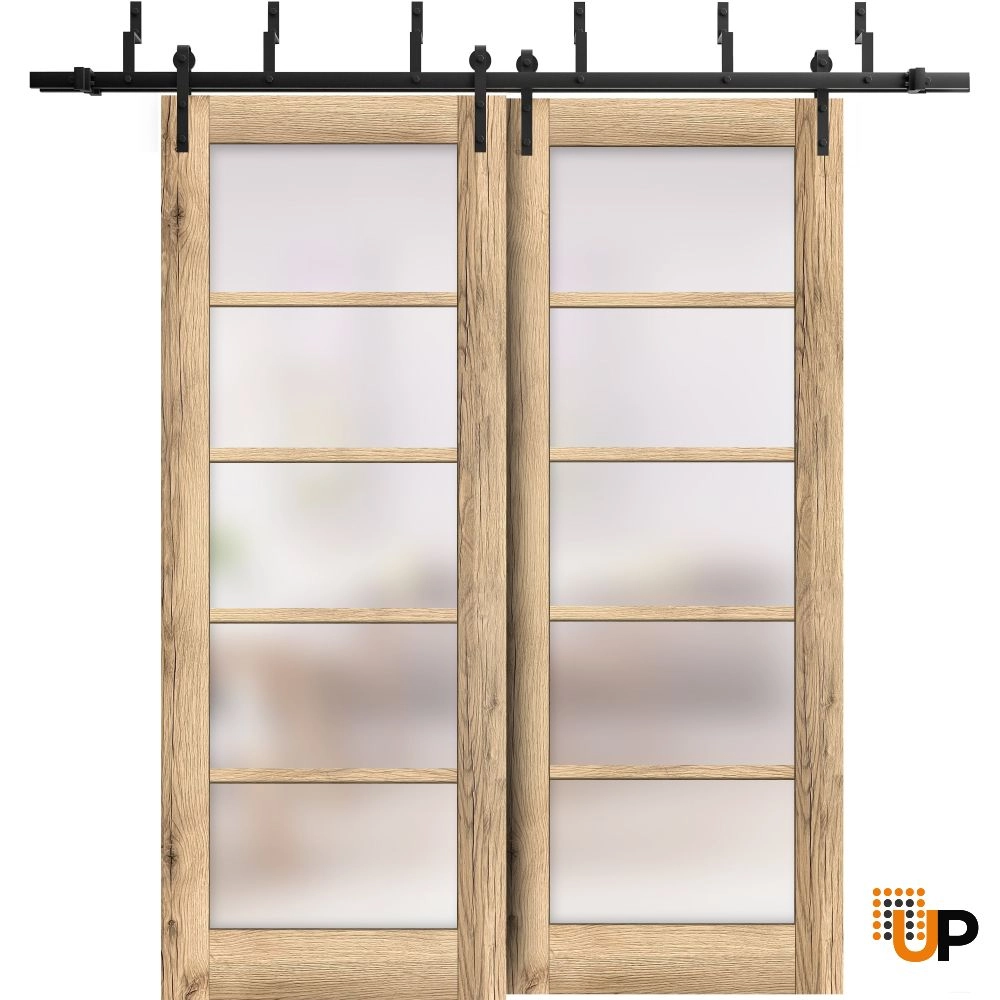 Double mdf sliding luxury interior barn bypass door with frosted glass | Quadro 4002  Oak | 36 x 80 (2* 18x80) photo#1