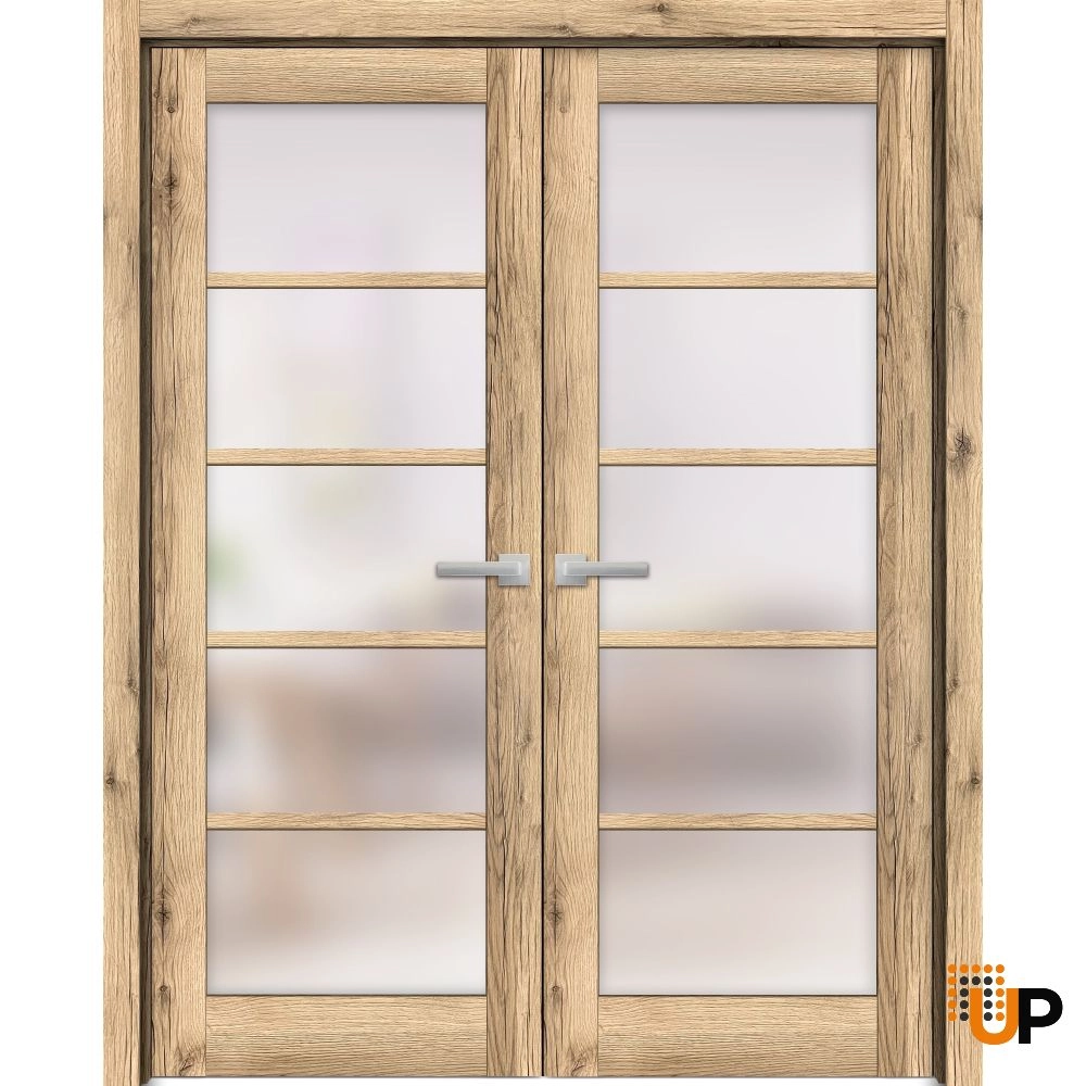 Double mdf french interior swing double door with frosted glass | Quadro 4002  Oak | 36 x 80 (2* 18x80) photo#1