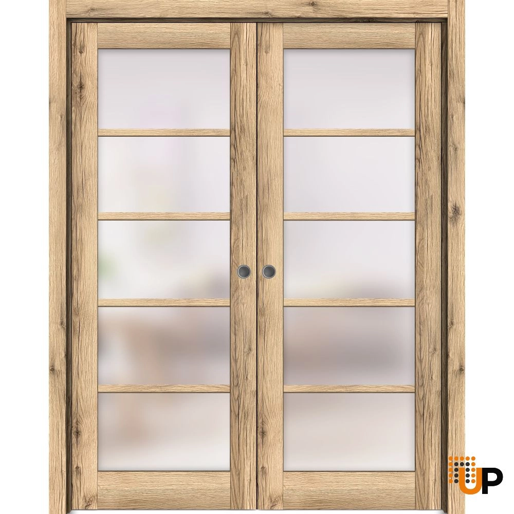 Double mdf sliding french interior pocket double door with frosted glass | Quadro 4002  Oak | 36 x 80 (2* 18x80) photo#1