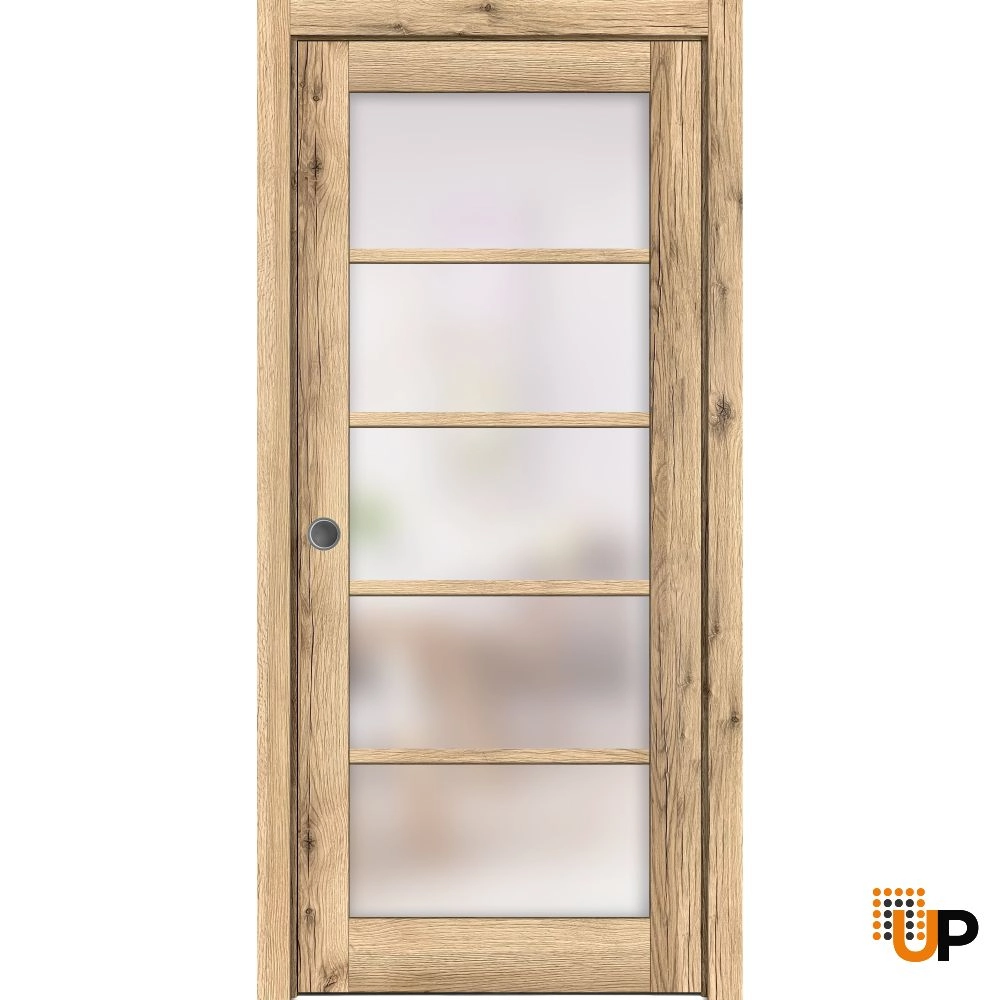 Single mdf sliding luxury interior pocket door with frosted glass | Quadro 4002  Oak | 18 x 80 photo#1