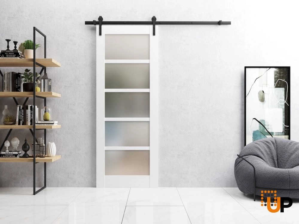 Single mdf sliding luxury interior barn door with frosted glass | Quadro 4002  White | 18 x 80 photo#2