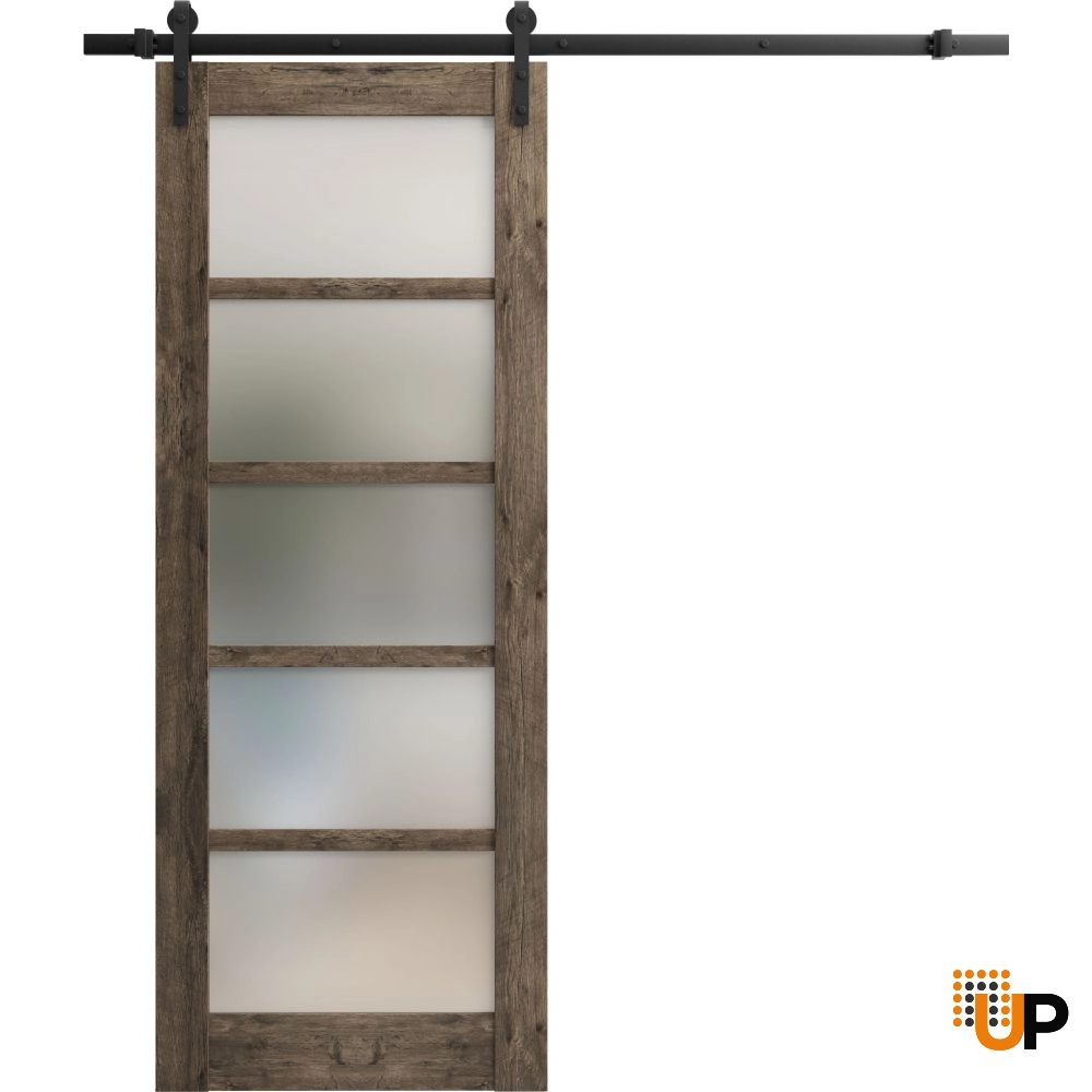 Single mdf sliding luxury interior barn door with frosted glass | Quadro 4002  Cognac Oak | 18 x 80 photo#1