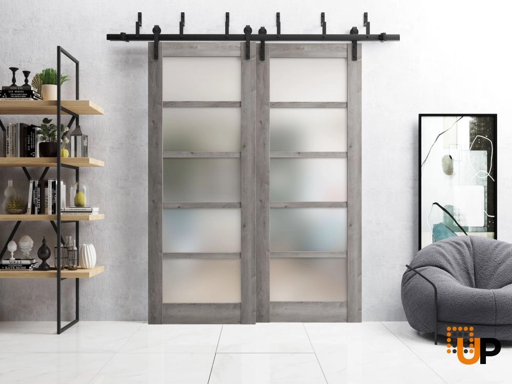 Double mdf sliding luxury interior barn bypass door with frosted glass | Quadro 4002  Nebraska Grey | 36 x 80 (2* 18x80) photo#2