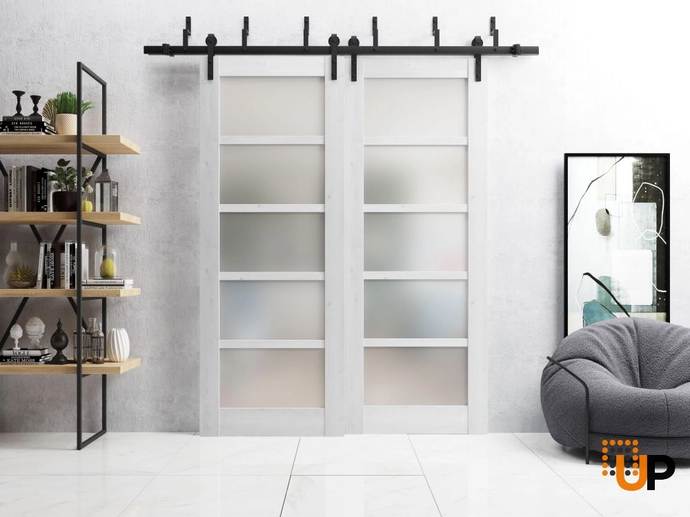 Double mdf sliding luxury interior barn bypass door with frosted glass | Quadro 4002  Nordic White | 36 x 80 (2* 18x80) photo#2
