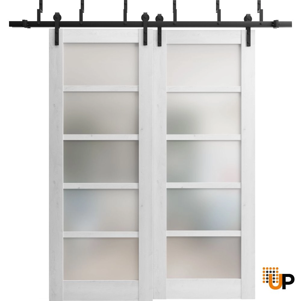 Double mdf sliding luxury interior barn bypass door with frosted glass | Quadro 4002  Nordic White | 36 x 80 (2* 18x80) photo#1