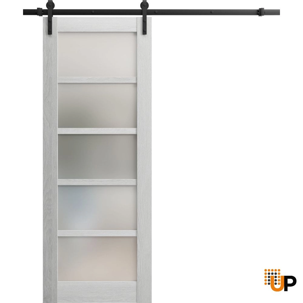 Single mdf sliding luxury interior barn door with frosted glass | Quadro 4002  Light Grey Oak | 18 x 80 photo#1