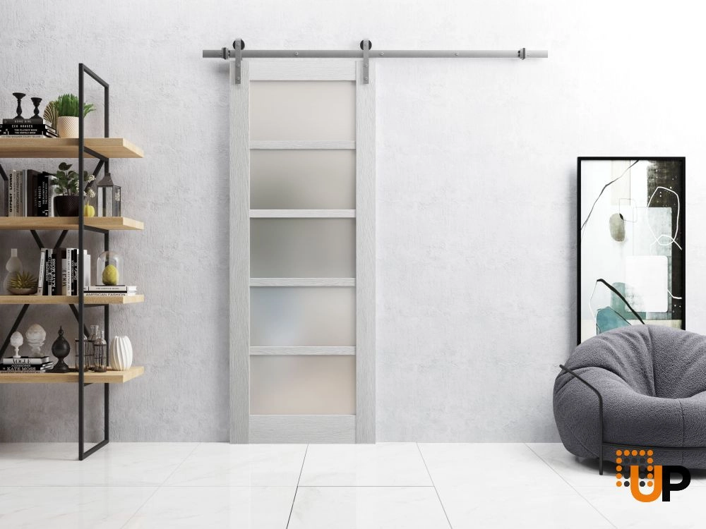 Single mdf sliding luxury interior barn door with frosted glass | Quadro 4002  Light Grey Oak | 18 x 80 photo#3