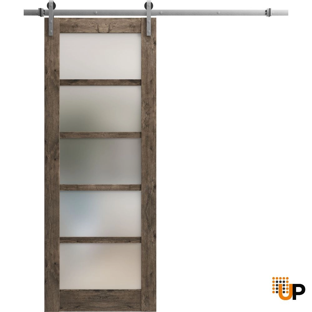 Single mdf sliding luxury interior barn door with frosted glass | Quadro 4002  Cognac Oak | 18 x 80 photo#1