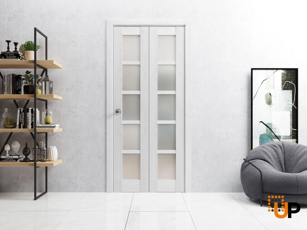 2 folding panels mdf sliding french interior bi-fold door with frosted glass | Quadro 4002  Nordic White | 36 x 80 (2* 18x80) photo#2