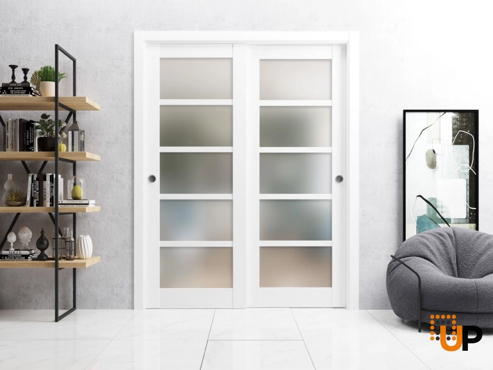 Double mdf sliding luxury interior closet bypass door with frosted glass | Quadro 4002  White | 36 x 80 (2* 18x80) photo#2