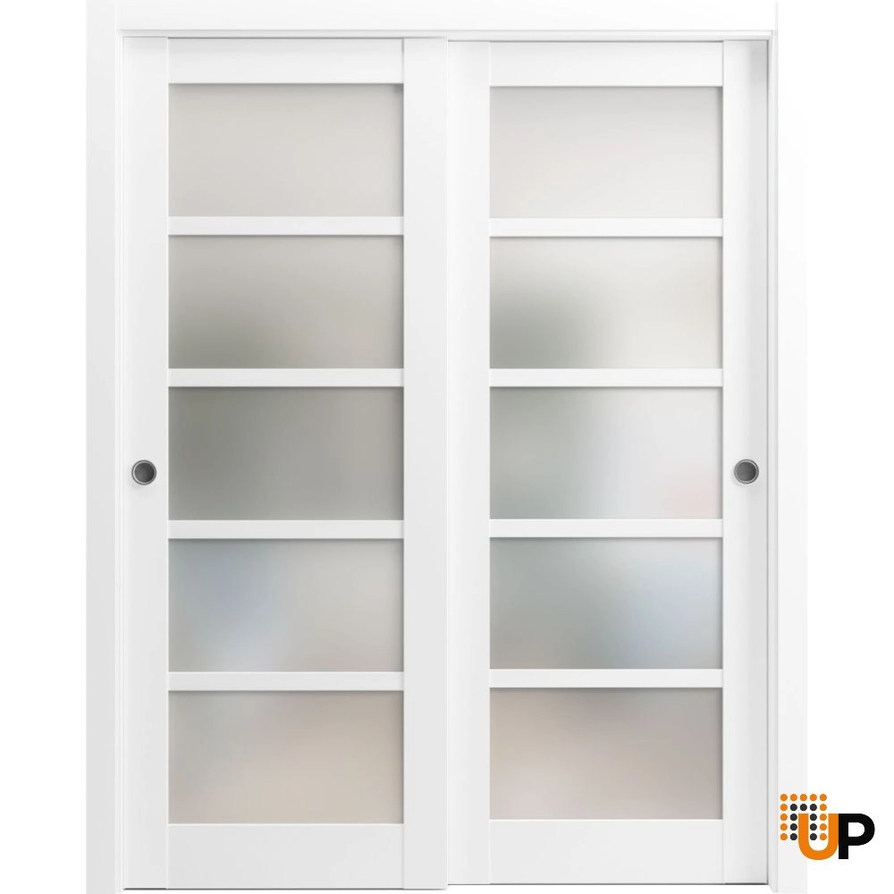Double mdf sliding luxury interior closet bypass door with frosted glass | Quadro 4002  White | 36 x 80 (2* 18x80) photo#1