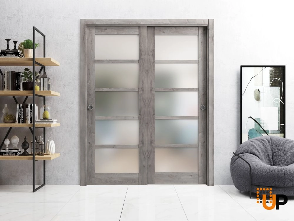 Double mdf sliding luxury interior closet bypass door with frosted glass | Quadro 4002  Nebraska Grey | 36 x 80 (2* 18x80) photo#2