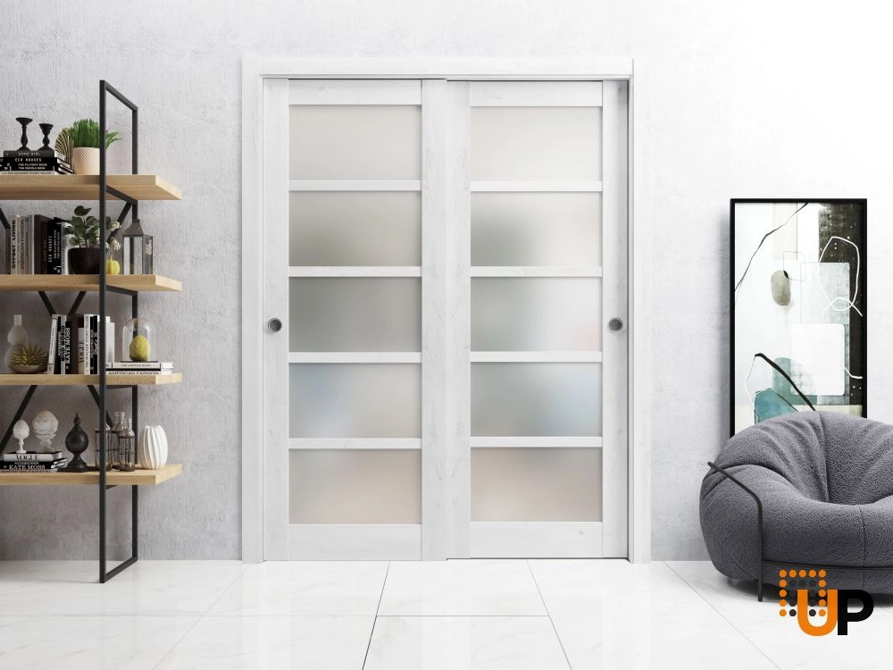 Double mdf sliding luxury interior closet bypass door with frosted glass | Quadro 4002  Nordic White | 36 x 80 (2* 18x80) photo#2