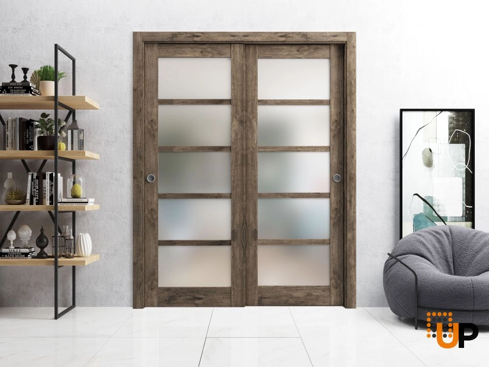 Double mdf sliding luxury interior closet bypass door with frosted glass | Quadro 4002  Cognac Oak | 36 x 80 (2* 18x80) photo#2