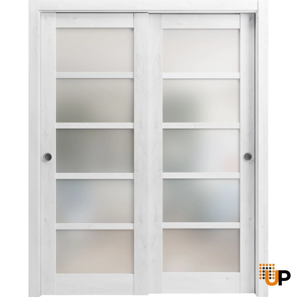 Double mdf sliding luxury interior closet bypass door with frosted glass | Quadro 4002  Nordic White | 36 x 80 (2* 18x80) photo#1