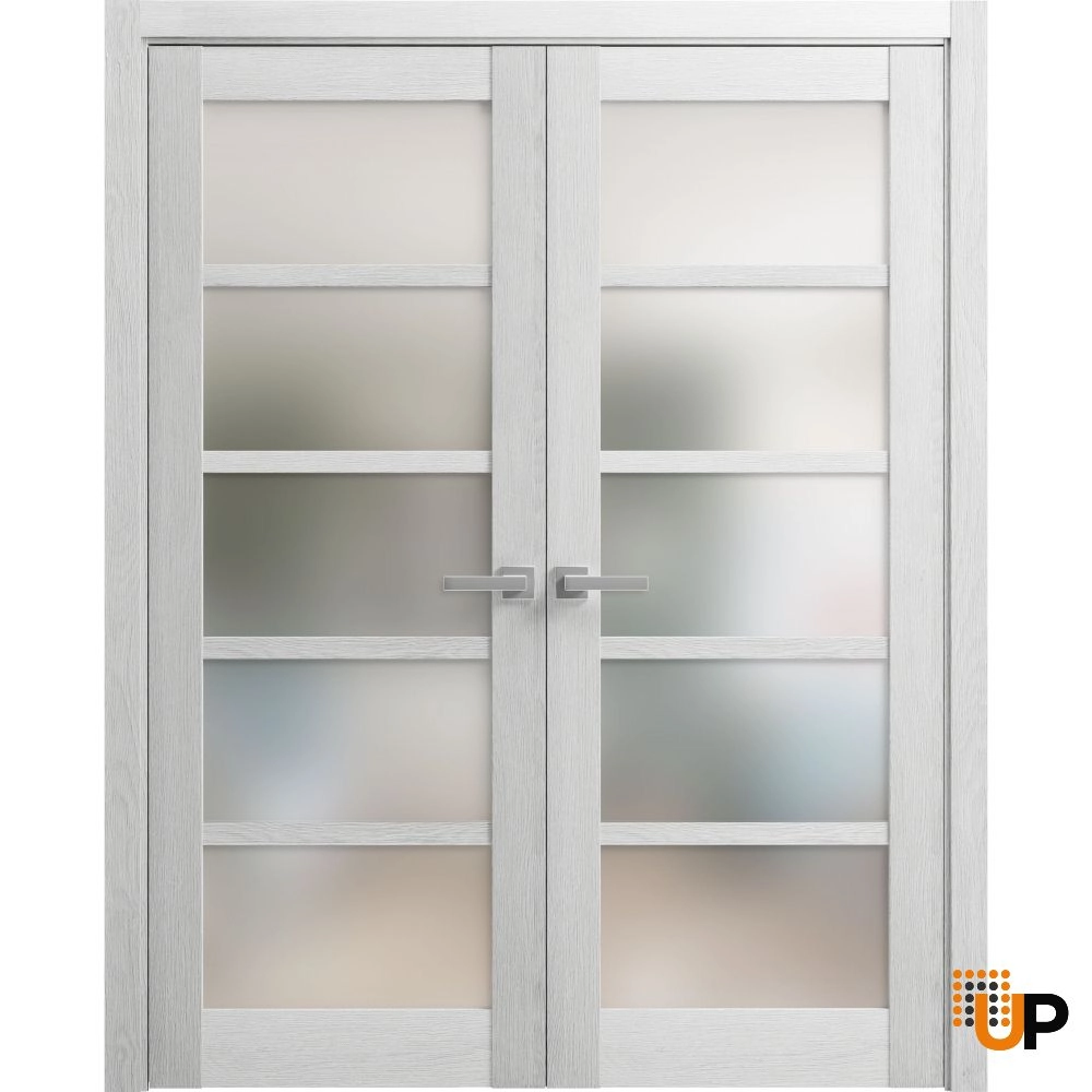 Double mdf french interior swing double door with frosted glass | Quadro 4002  Light Grey Oak | 36 x 80 (2* 18x80) photo#1
