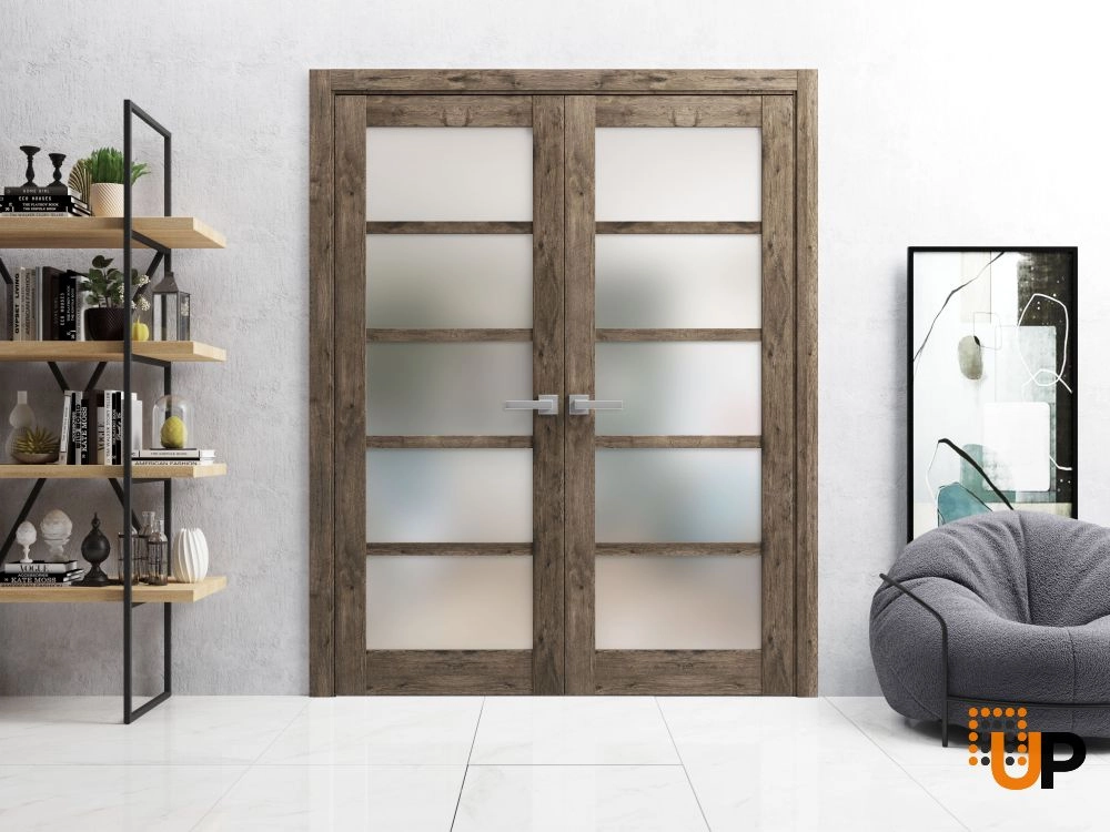 Single mdf luxury interior door slab with frosted glass | Quadro 4002  Cognac Oak | 18 x 80 photo#2