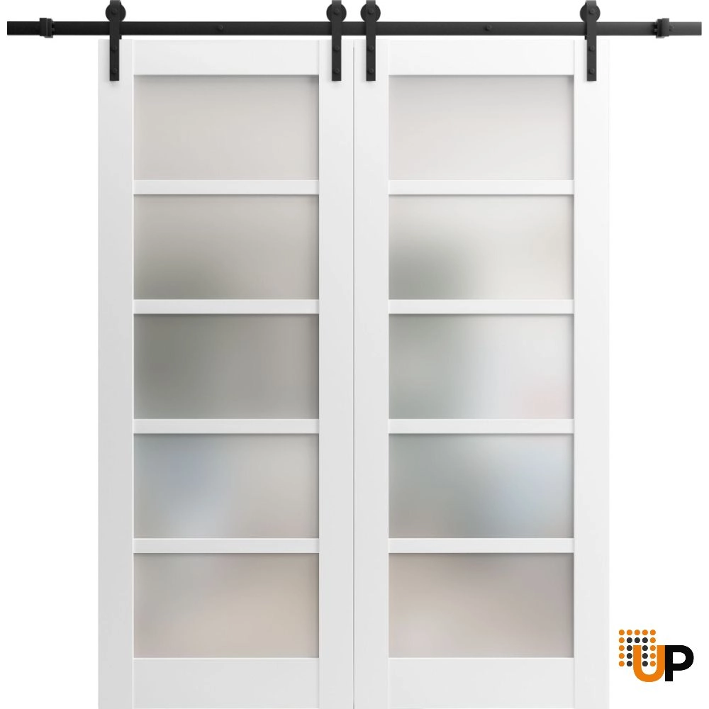 Double mdf sliding french interior barn double door with frosted glass | Quadro 4002  White | 36 x 80 (2* 18x80) photo#1