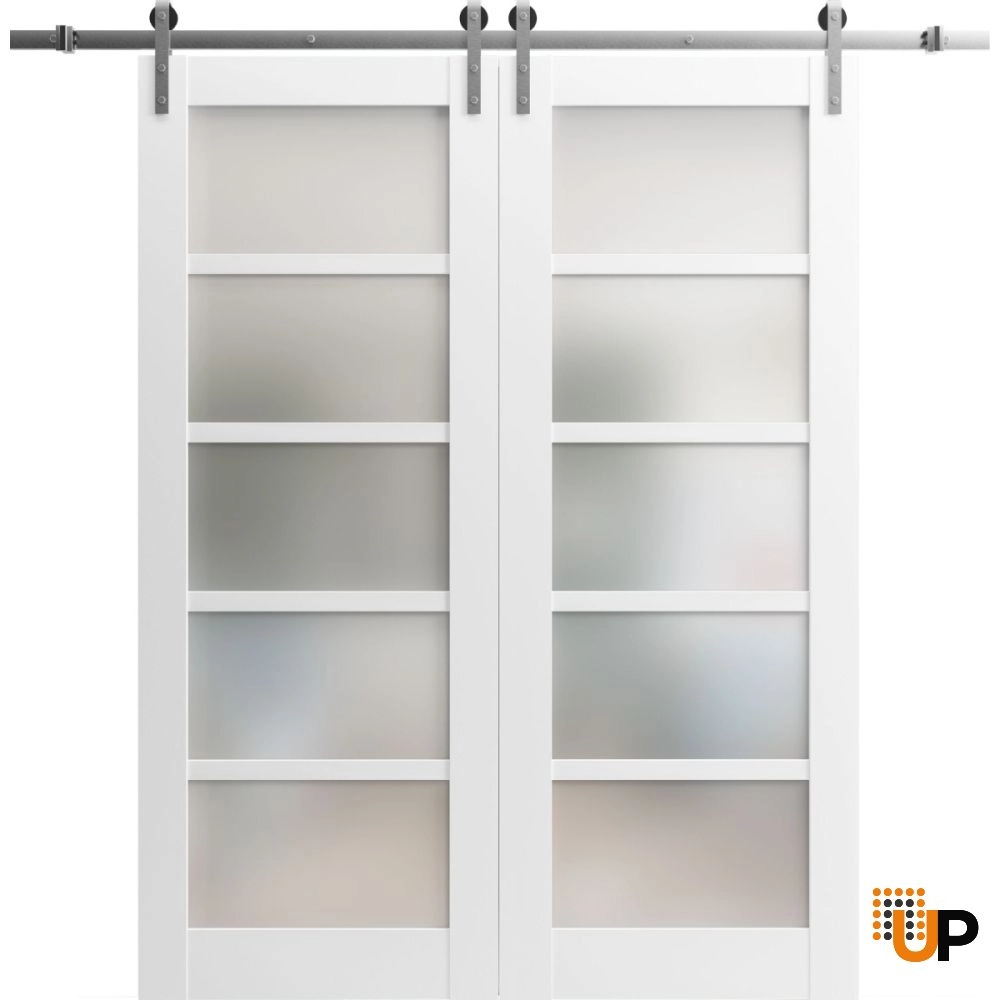 Double mdf sliding french interior barn double door with frosted glass | Quadro 4002  White | 36 x 80 (2* 18x80) photo#1
