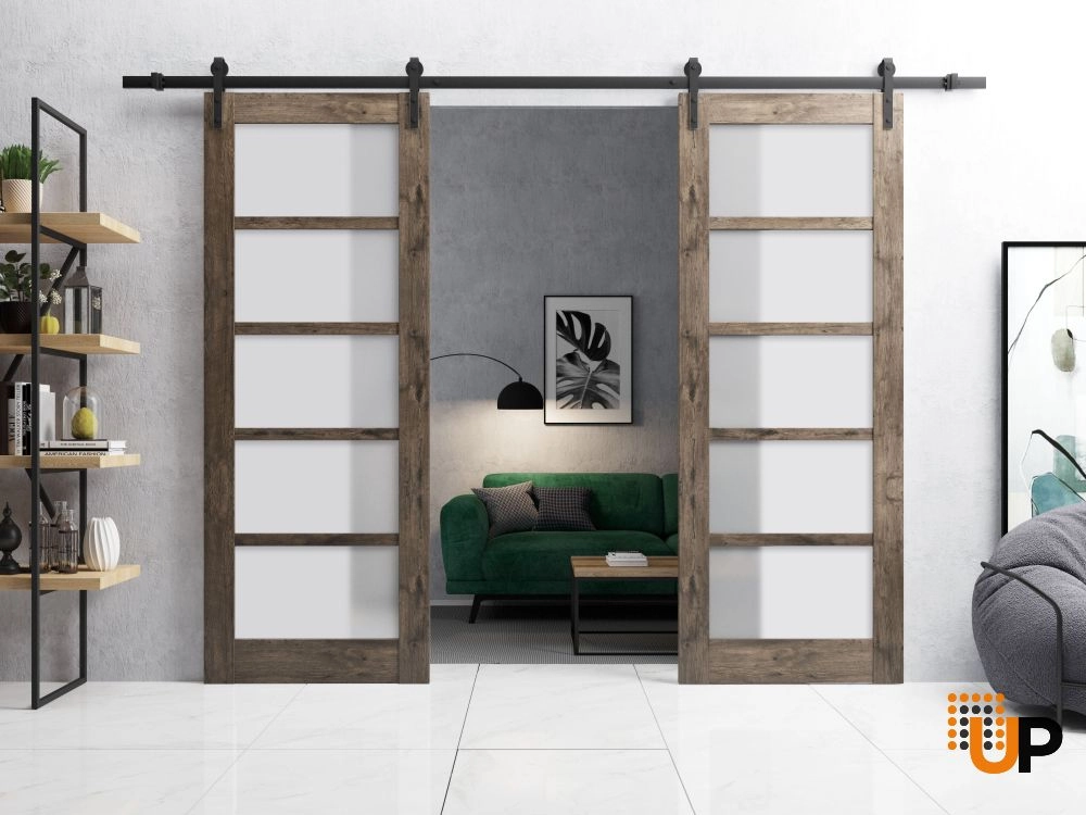 Double mdf sliding french interior barn double door with frosted glass | Quadro 4002  Cognac Oak | 36 x 80 (2* 18x80) photo#2